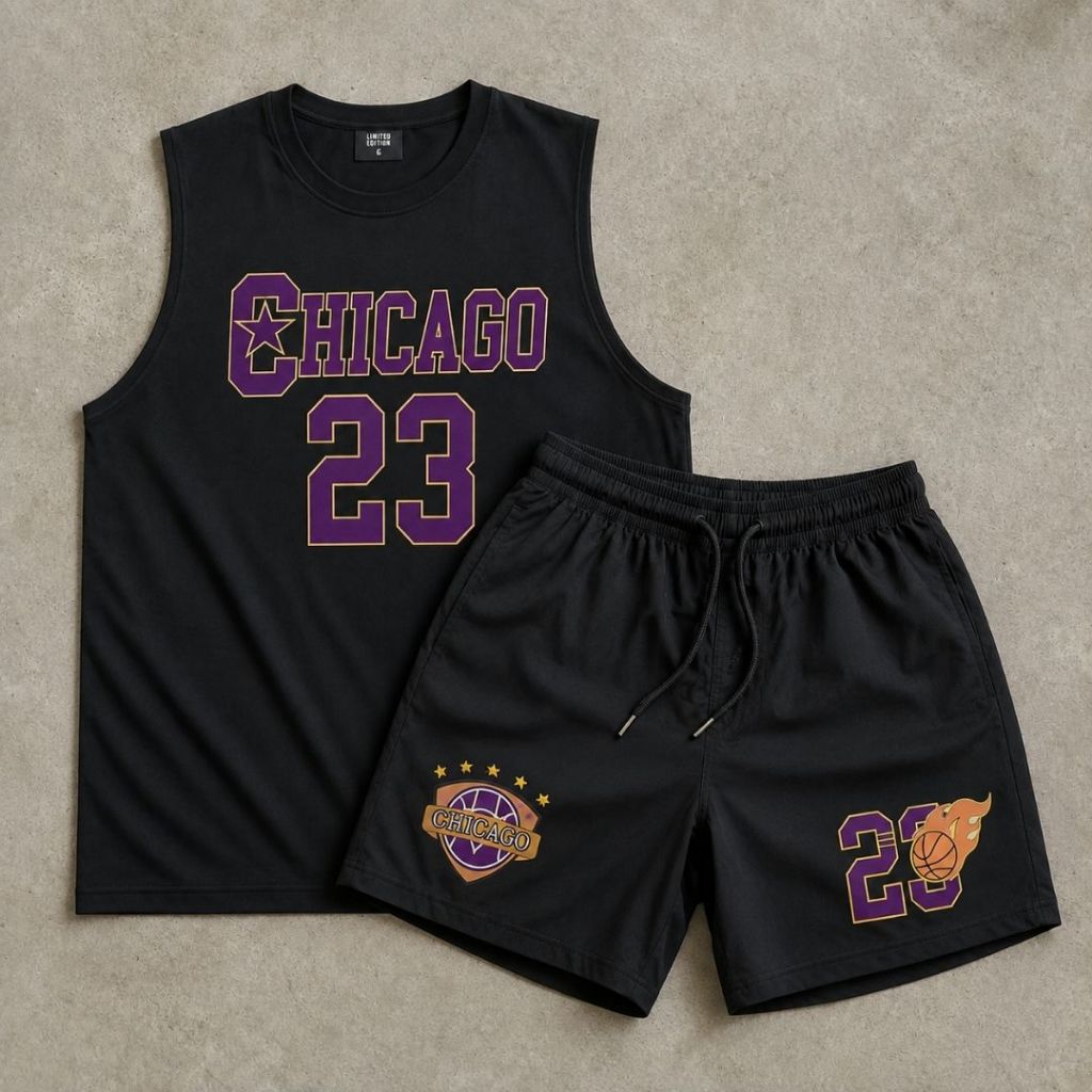 Conjunto Regata Oversized + Bermuda Tactel Masculino Chicago 23 Basquete Streetwear Academia