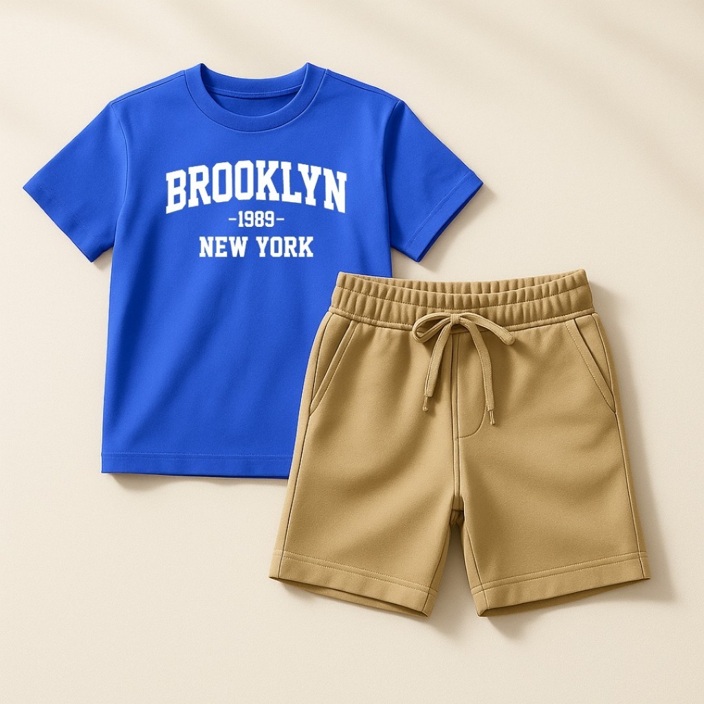 Conjunto Bermuda Bege Com Bolso + Camiseta Algodão "Brooklyn" Infantil Kids Juvenil