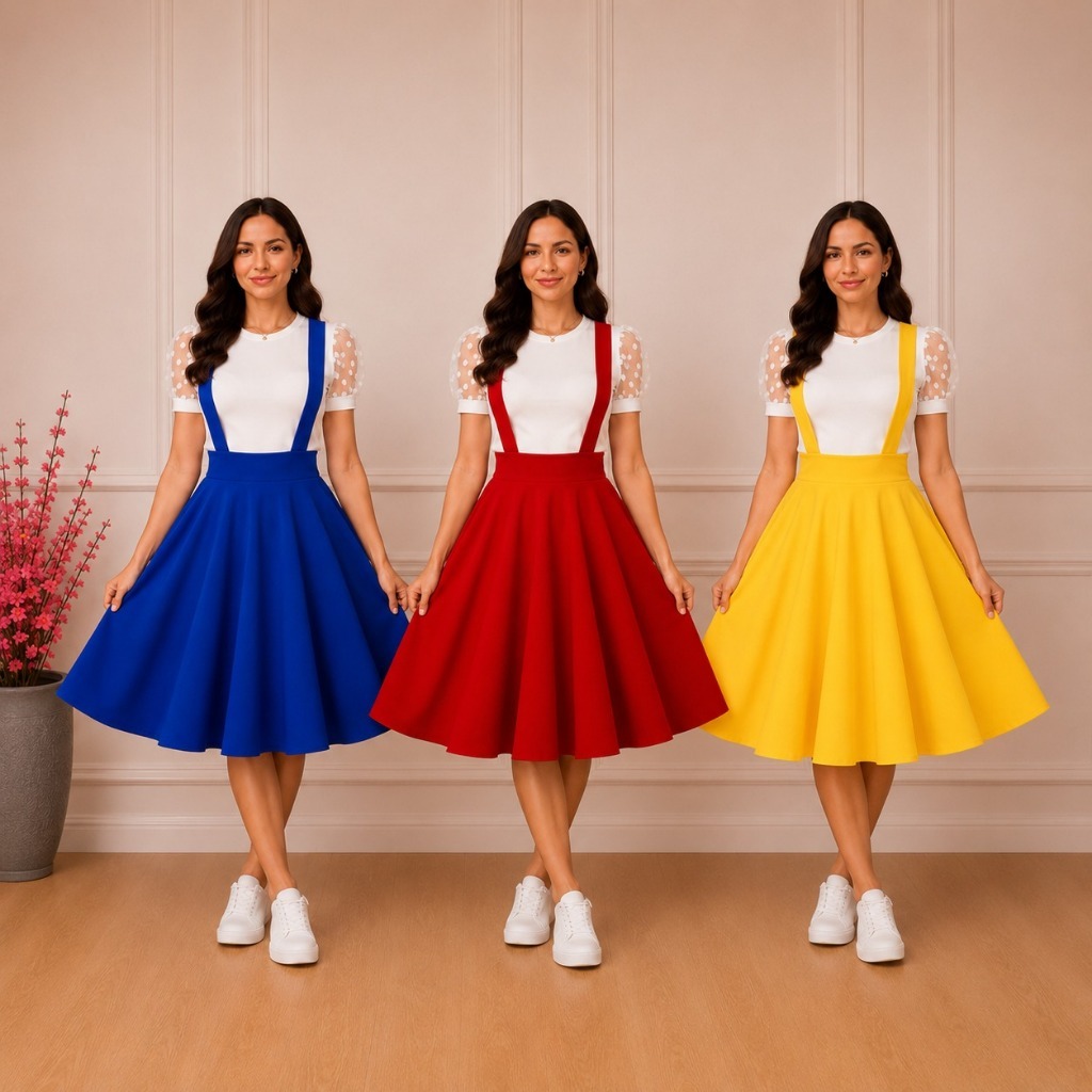 Salopete Adulta 360° A PRONTA ENTREGA!! Godê Duplo Saia com Suspensório Jardineira Vestido Feminino Midi Moda Evangélica
