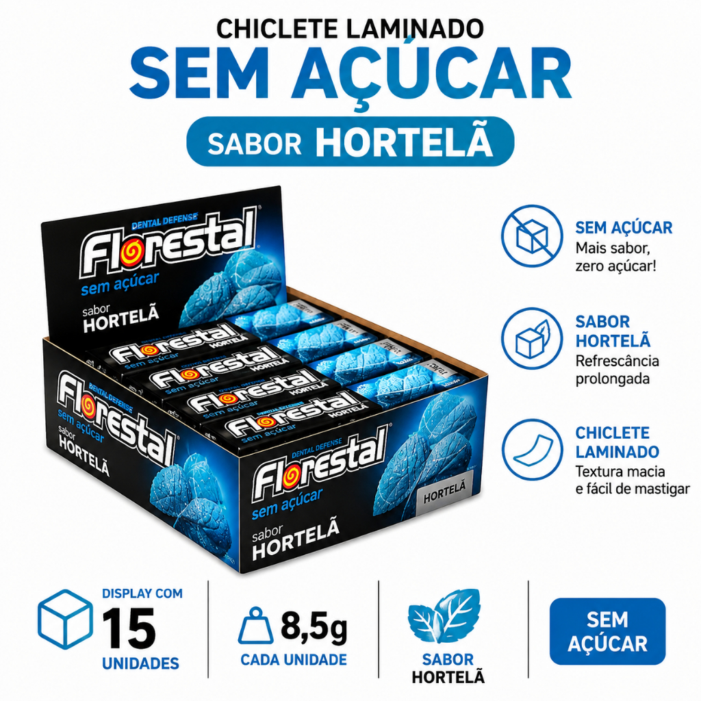 Chiclete laminado Florestal Sem Açúcar Hortelã 8,5g display com 15 unidades