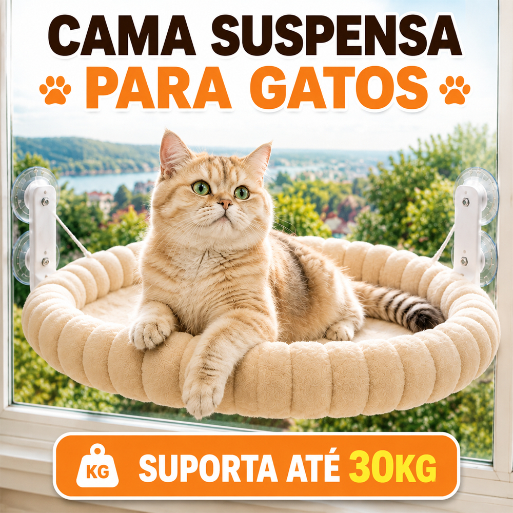 Cama Suspensa para Gatos na Janela Suporta 30KG Rede de Pelúcia com 4 Ventosas Ultra Resistente Confortável Pet