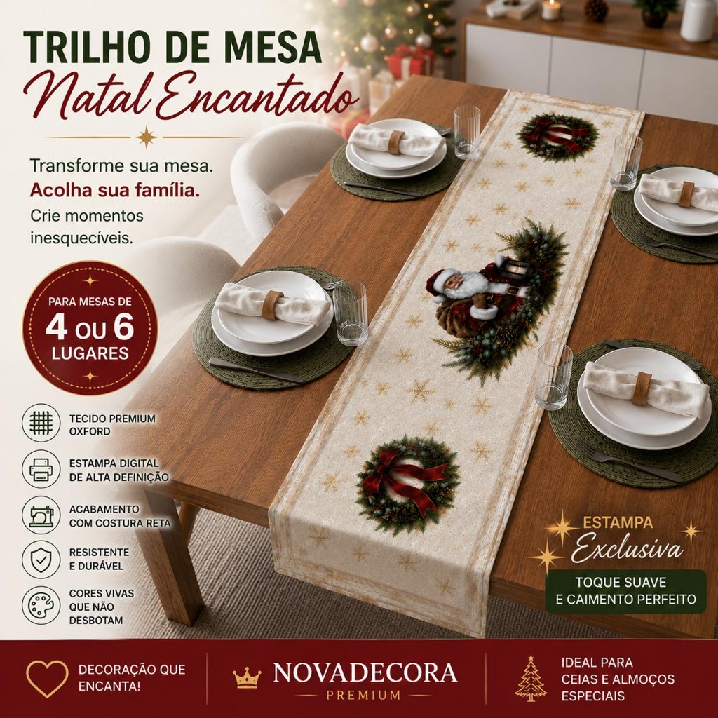 Caminho de Mesa de Natal Trilho Passadeira Decorativo Toalha Estampada 4 ou 6 Lugares Natalino 1,45x0,45cm Vaipramix