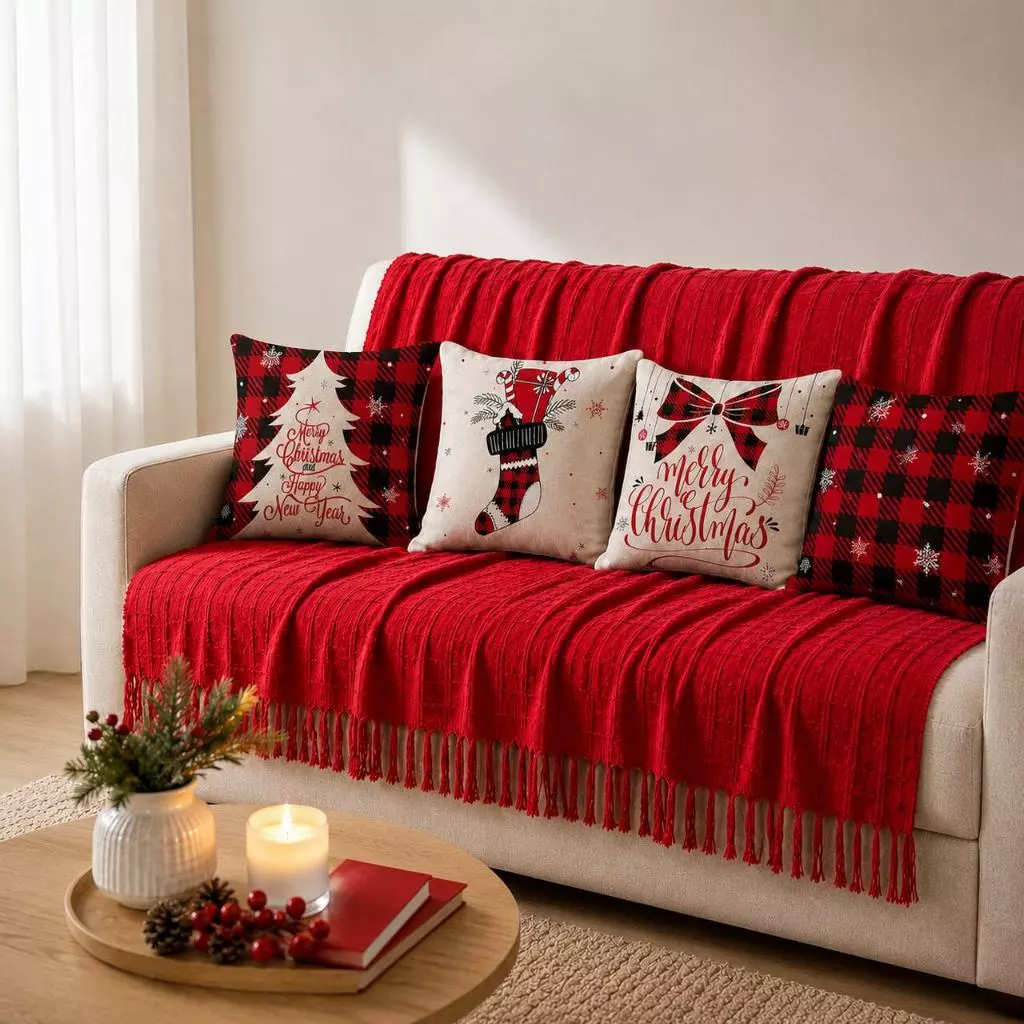 Kit Manta Decorativa P + 4 Capas de Almofadas Natalinas Estampa Digital Decoração Natal — imagem 1