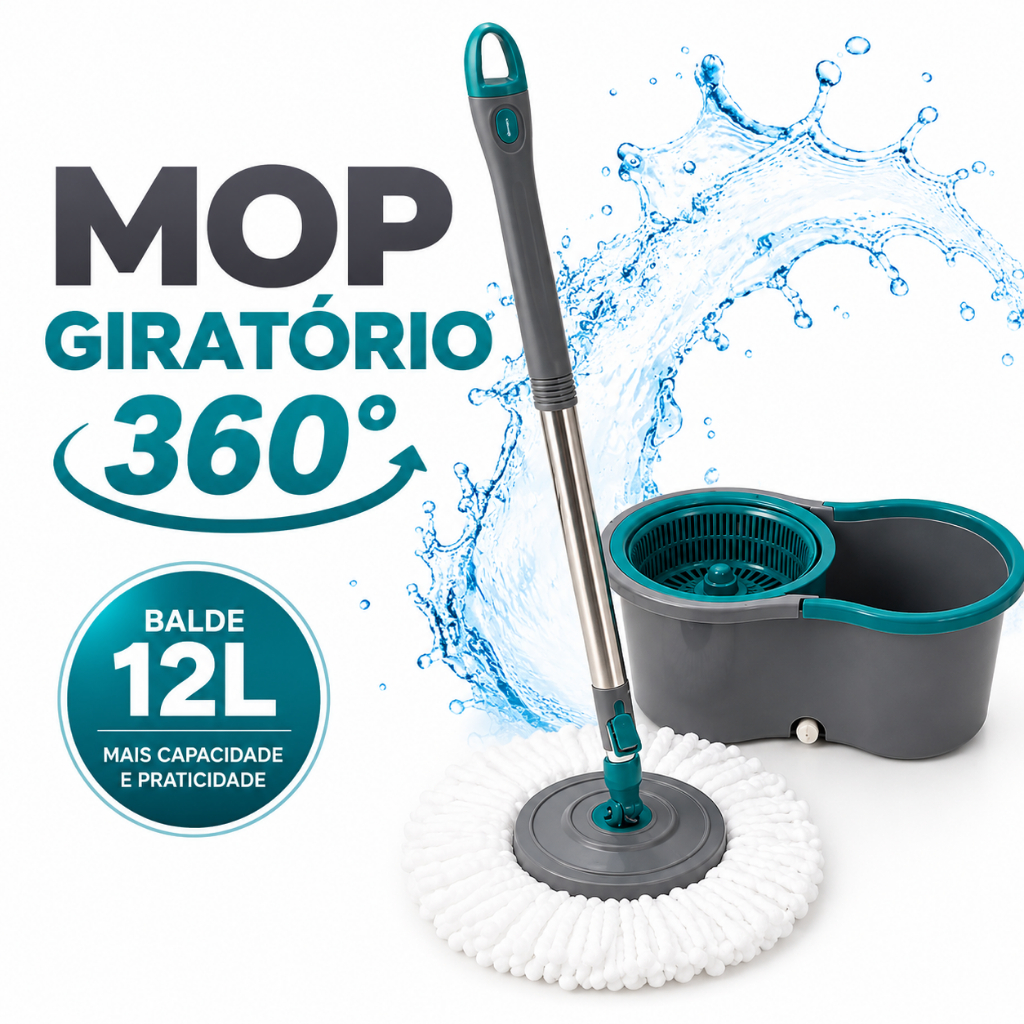 Mop Giratório 360 Balde 12L Centrífuga Esfregão Microfibra Spin Ergonômico Limpeza Prática Multiuso