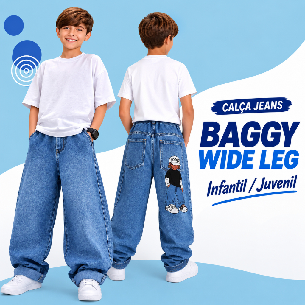 Calça Jeans Masculina menino Infantil Juvenil Baggy Wide Leg Cintura Elástica Lavado Azul Claro e Escuro