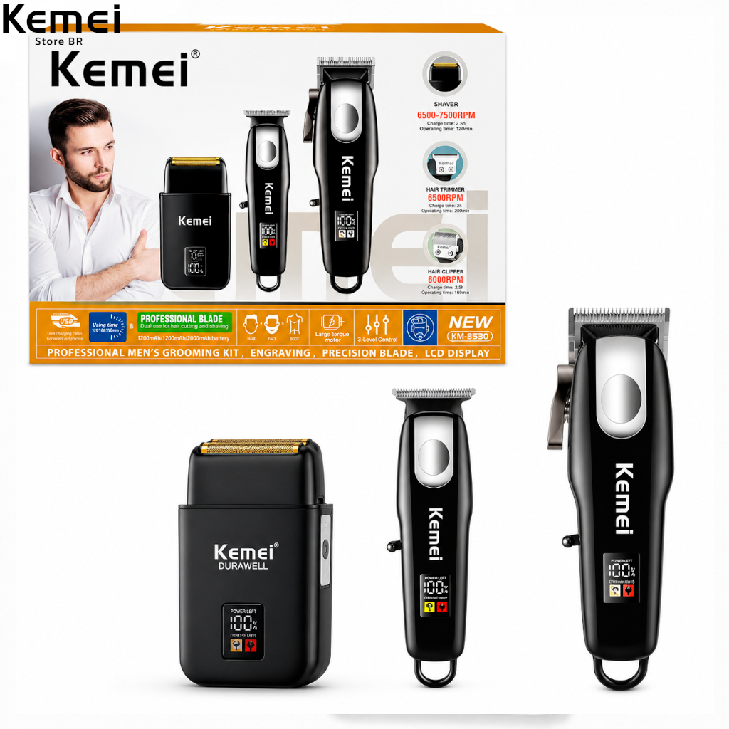 KIT KEMEI 3 EM 1 KM-8531 CABELO + ROSTO + CORPO BIVOLT SEM FIO SHAVER HAIR TRIMMER CLIPPER PORTATIL