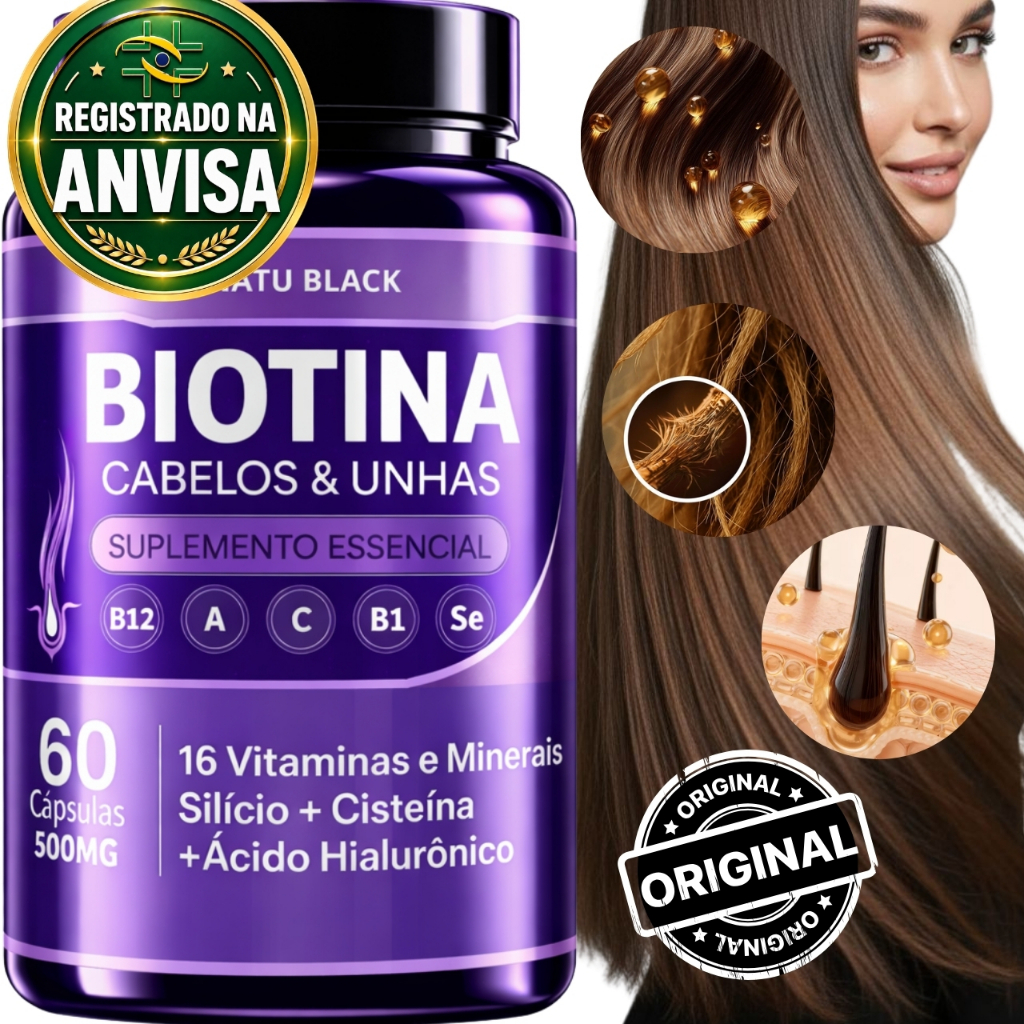 Biotina Original 100% Pura Crescimento Capilar Cabelo Sem Queda Unhas Fortes com Ácido Hialurônico