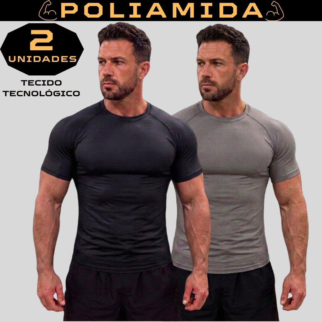 Kit 2 Camisa Poliamida Slim Fit Manga Curta Masculina Compressão Térmica Uv50+ Anti Odor Raglan