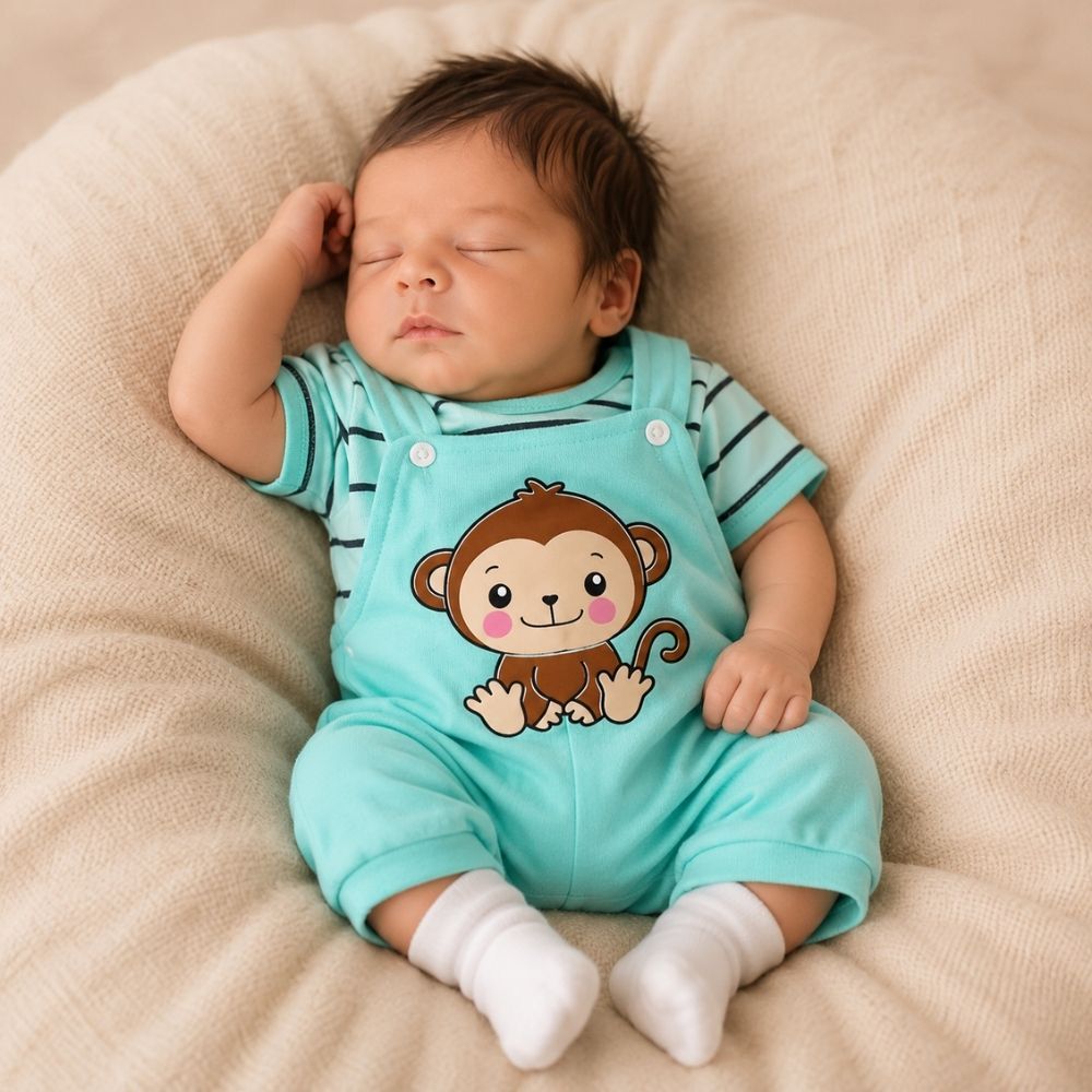 Conjunto Bebê Macaquinho Jardineira e Camiseta Listrada Manga Curta RN a 3 Meses