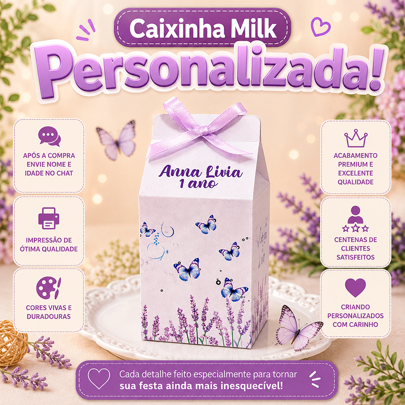 Kit Caixinhas Milk  Personalizada Jardim Das Borboletas Lilas Com Nome  e idade Lembrancinha Para  Festa