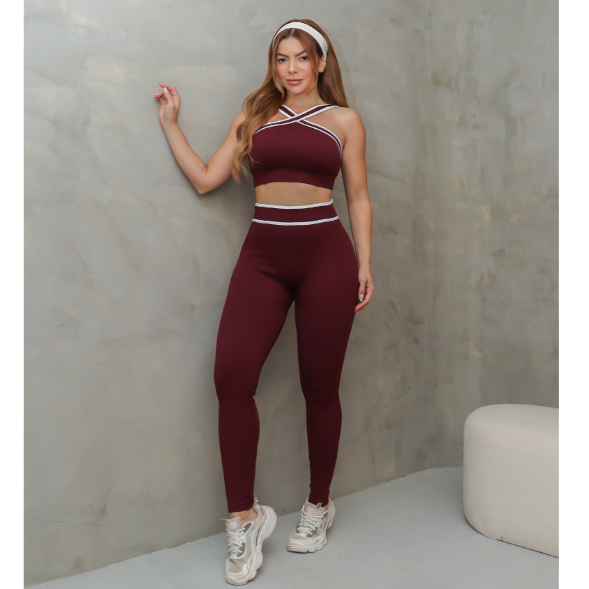 Conjunto Fitness Feminino Esportivo Top Cruzado e Legging Cintura Alta Academia SD4138