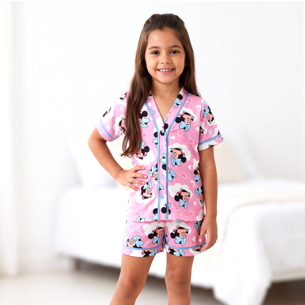 Pijama Infantil Menina Minnie Mouse Americano Manga Curta e Short Verão Soft Suede Frozen Princesa 3 a 9 Anos