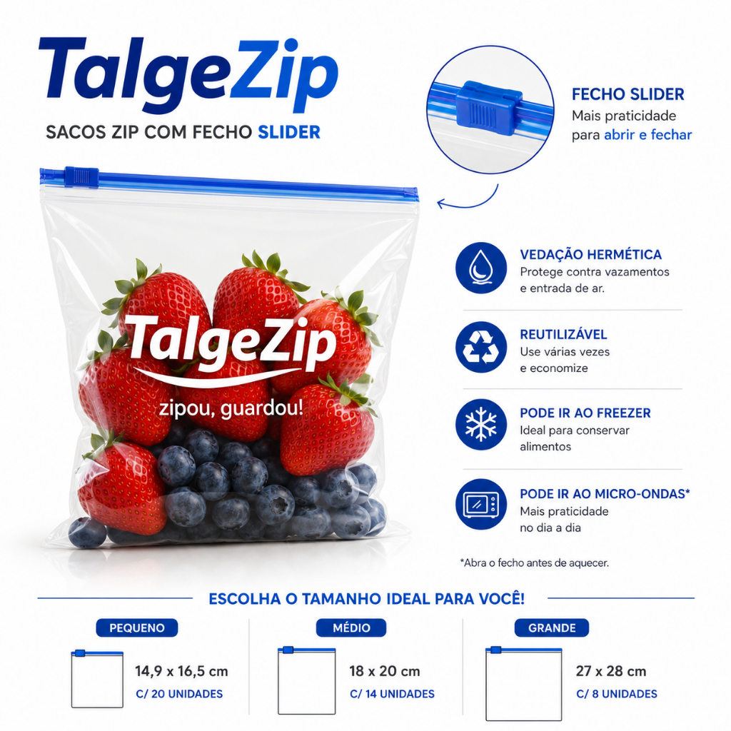 Saco Hermético para Freezer e Microondas Slider Fecho de Correr Talge BPA Free