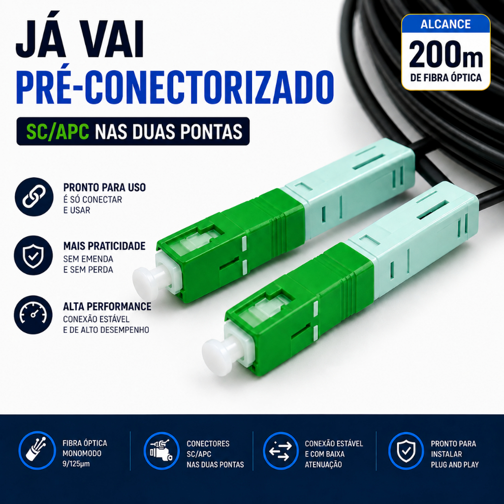 Kit Cabo Fibra Óptica Drop 200m SC/APC + Par Conversor Gigabit RJ45 10/100/1000Mbps Monomodo Pré-Conectorizado Atanel NF — imagem 2 de 2