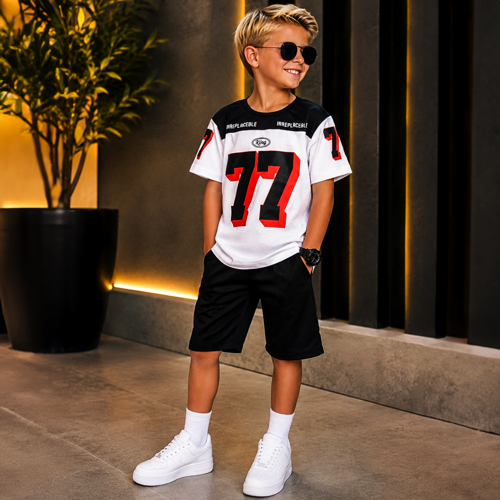 Conjunto Infantil Menino Juvenil Verão Estiloso bermuda e Blusa 100% algodão Veste Do 2 até 12 anos