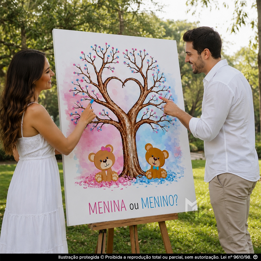 Quadro Decorativo Chá Revelação Menina ou Menino com Ursinhos e Árvore do Amor Rosa e Azul