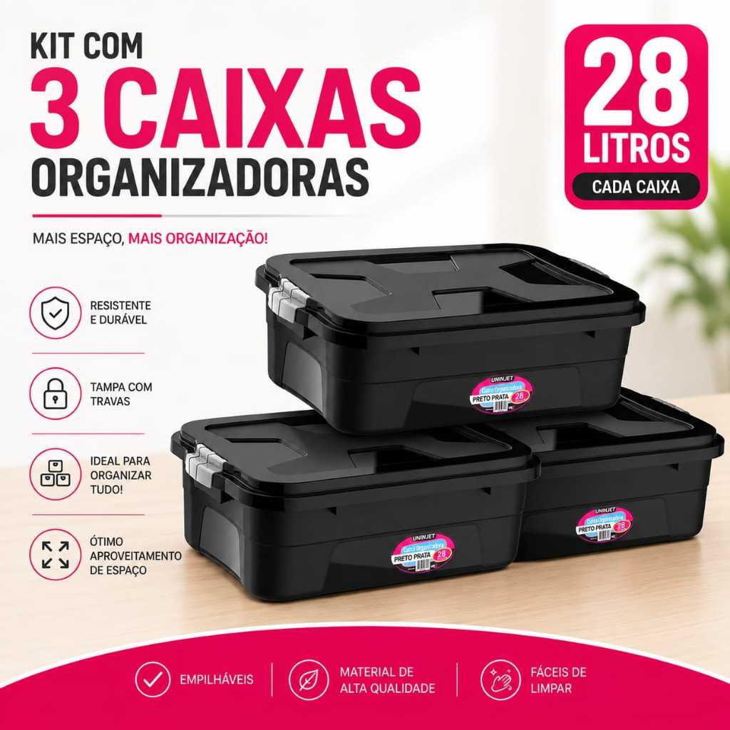 Caixa Com 3 Caixas Organizadoras 28 Litros Preta Multiuso Pratica Com Tampa Caixa Organizadora