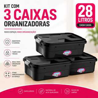 Caixa Com 3 Caixas Organizadoras 28 Litros Preta Multiuso Pratica Com Tampa Caixa Organizadora