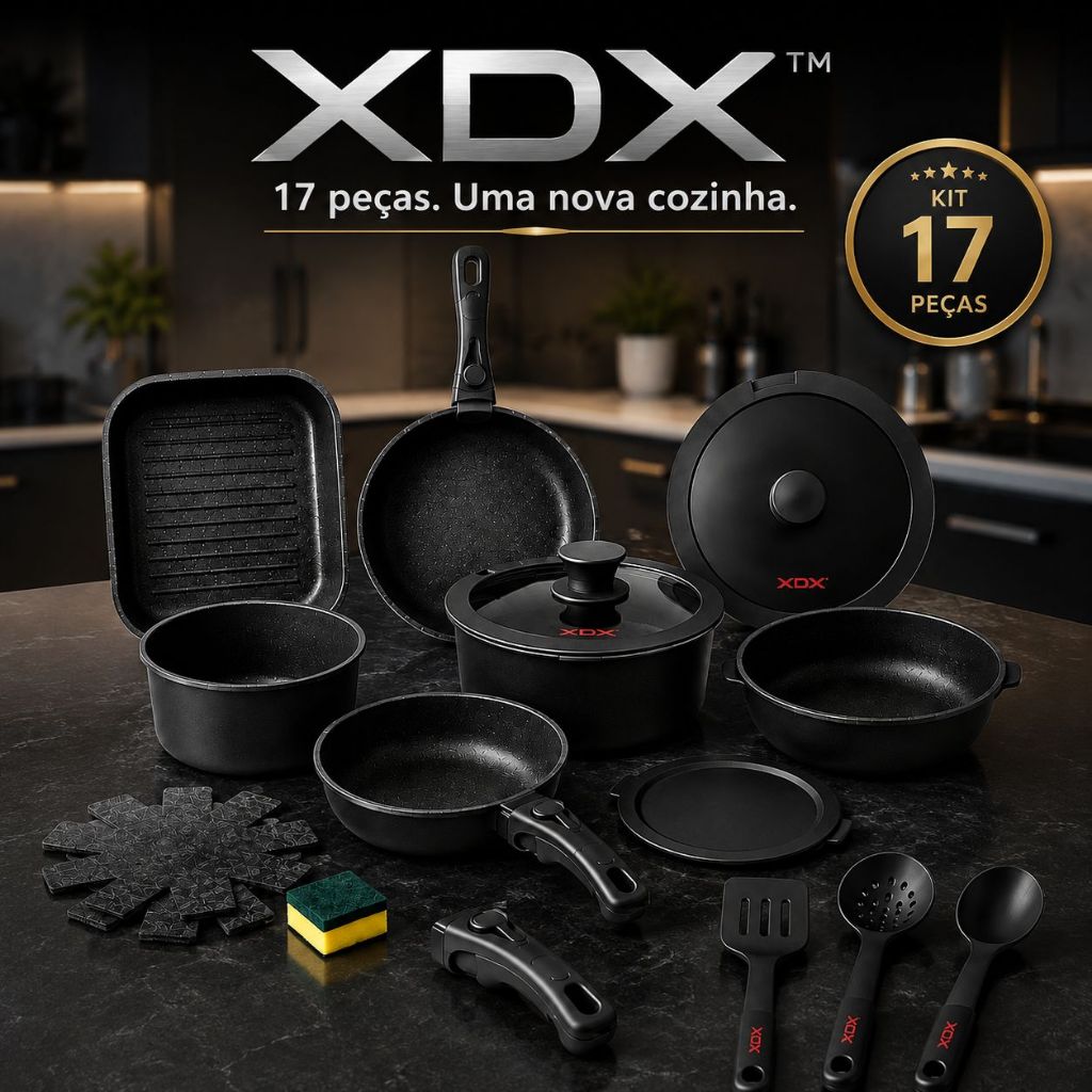 Jogo de Panelas 17 Peças XDX Alumínio Preto Frigideiras Tampas Cabos Removíveis Kit Completo Premium