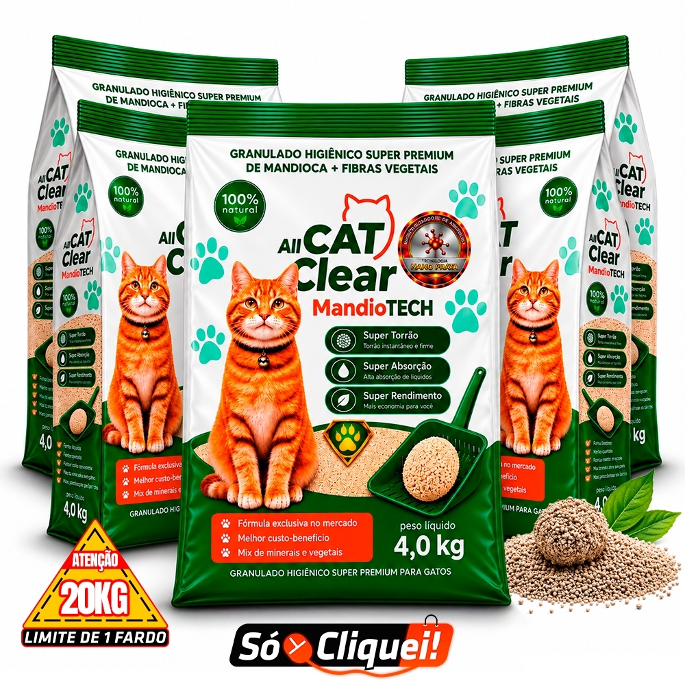 Kit 1 a 5 Pacotes Areia Gato All Cat Clear MandioTech 4 a 20KG Granulado Biodegradável Mandioca Bentonita Forma Torrões