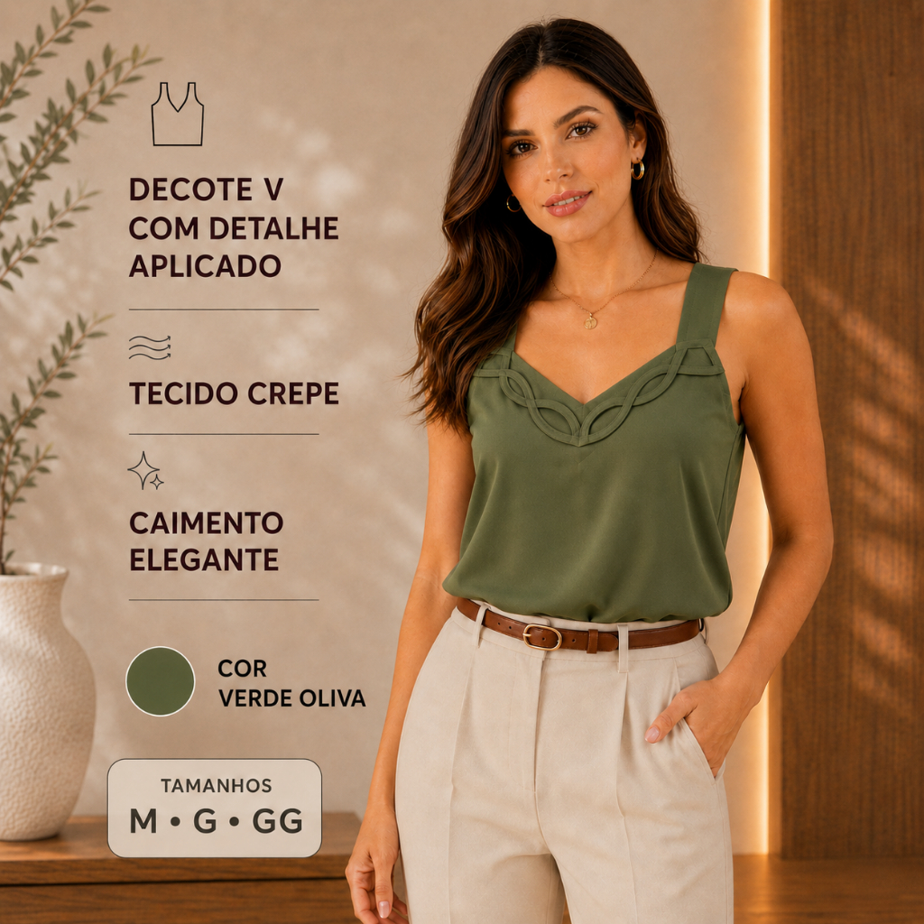 Blusa Regata Feminina Social Elegante Decote V Alça Larga Lisa Soltinha Trabalho Casual Festa Crepe