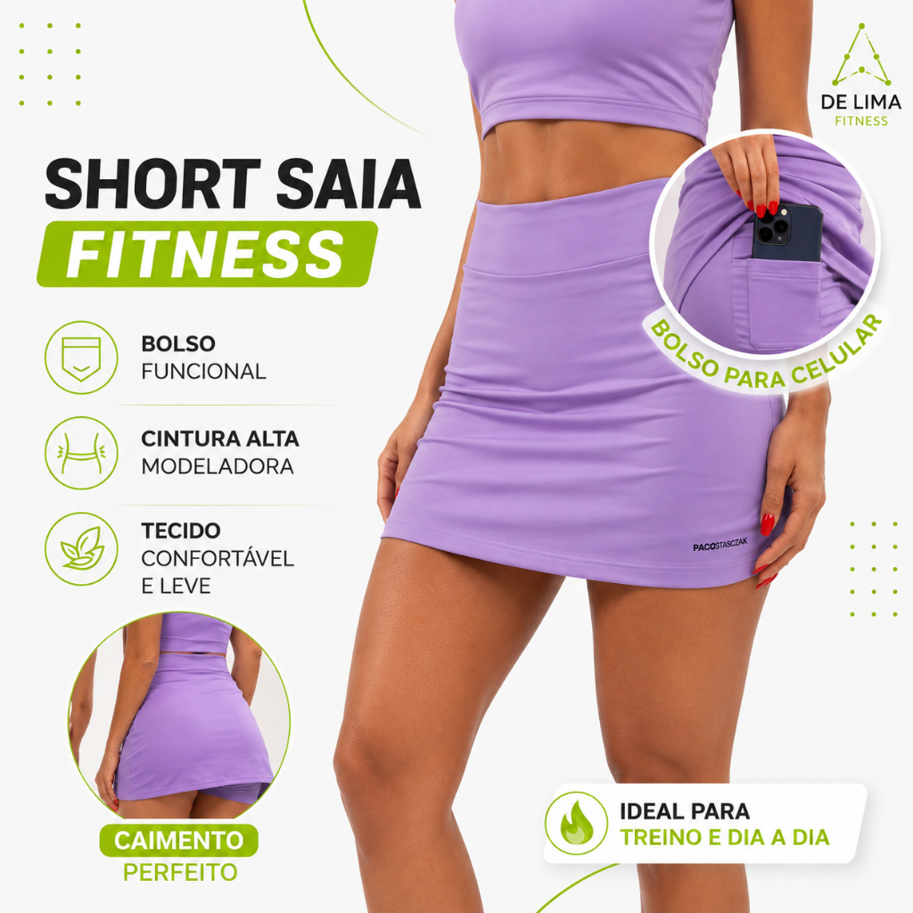 Shorts Saia Sport Tapa Bumbum Fitness Academia c/ ProteçãoUV 2 Bolso Oculto pra Celular/Chave