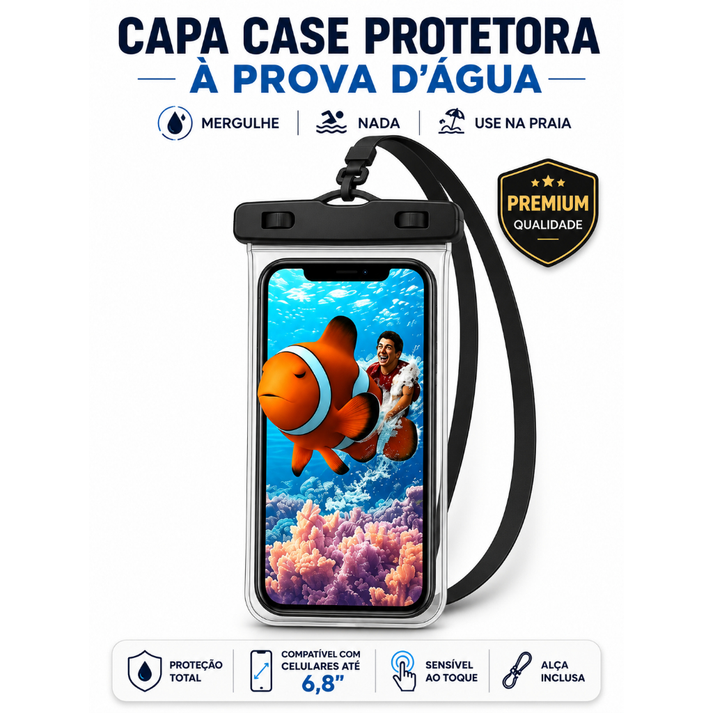 Capa Protetora Case a Prova D’agua Universal para Celular Mergulho Praia Piscina Rio Touch Aquático