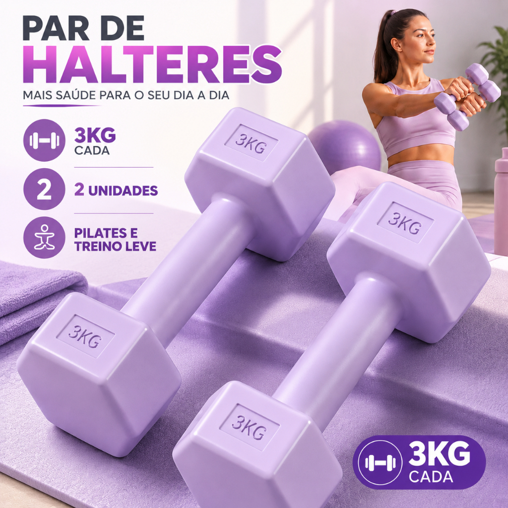 Par de Halteres Emborrachados 3KG Peso de Mão para Musculação Pilates Academia em Casa