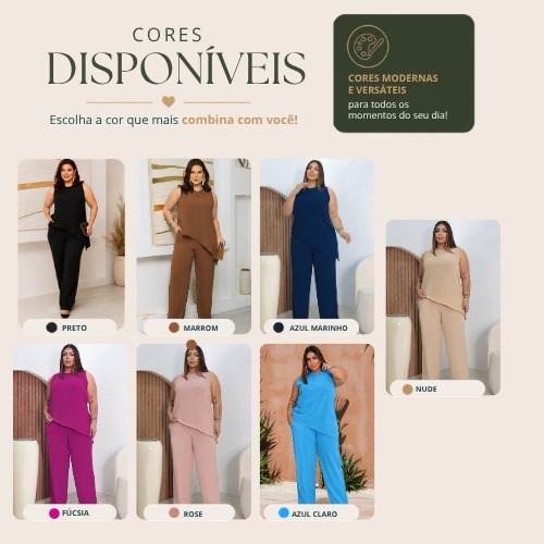 Conjunto Feminino Plus Size 2 Peças Blusa Regata Com Bainha Assimétrica e Calça Pantalona Reta Bolso