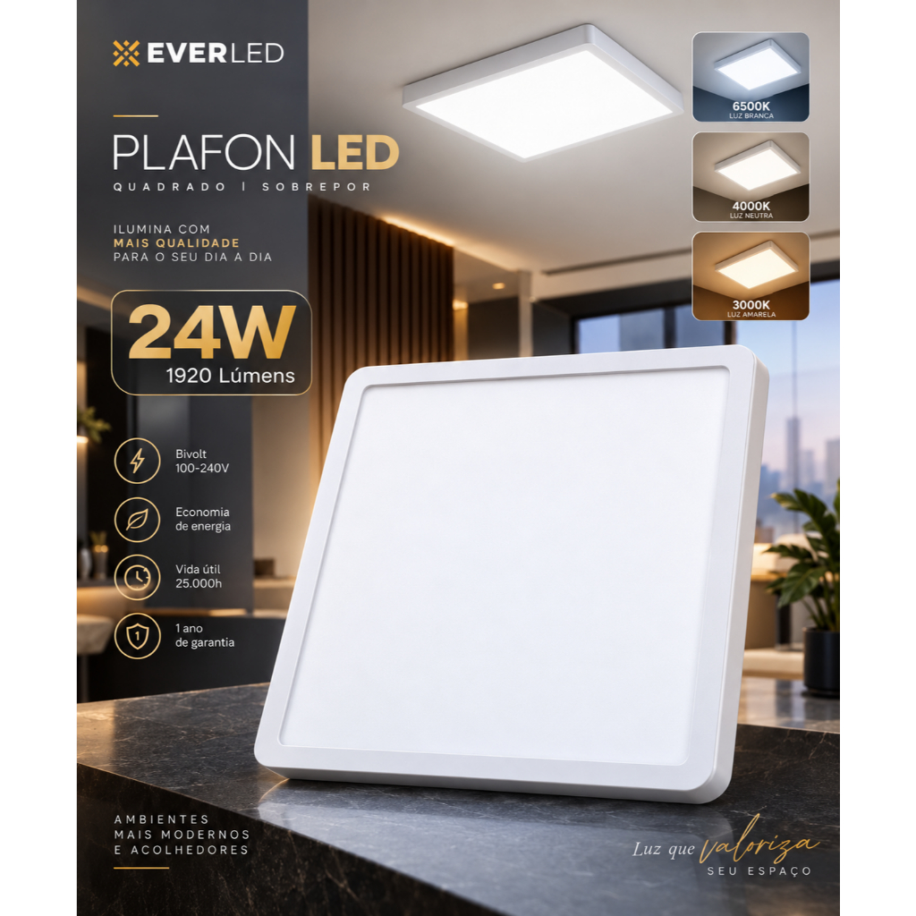 Painel Plafon Led 24w Sobrepor 27X27 Quadrado Branco BIVOLT