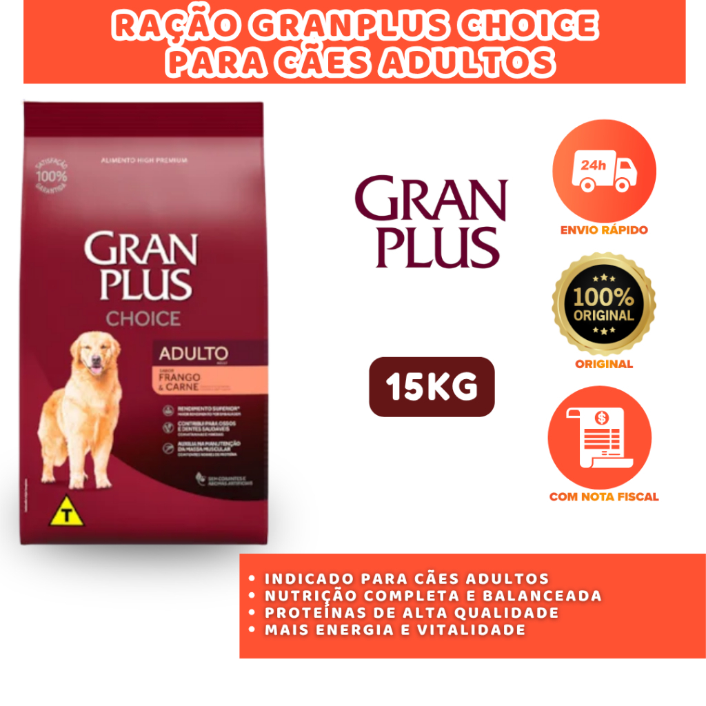 GRANPLUS CHOICE RAÇÃO CÃES ADULTOS 15KG RICA EM PROTEÍNAS E VITAMINAS