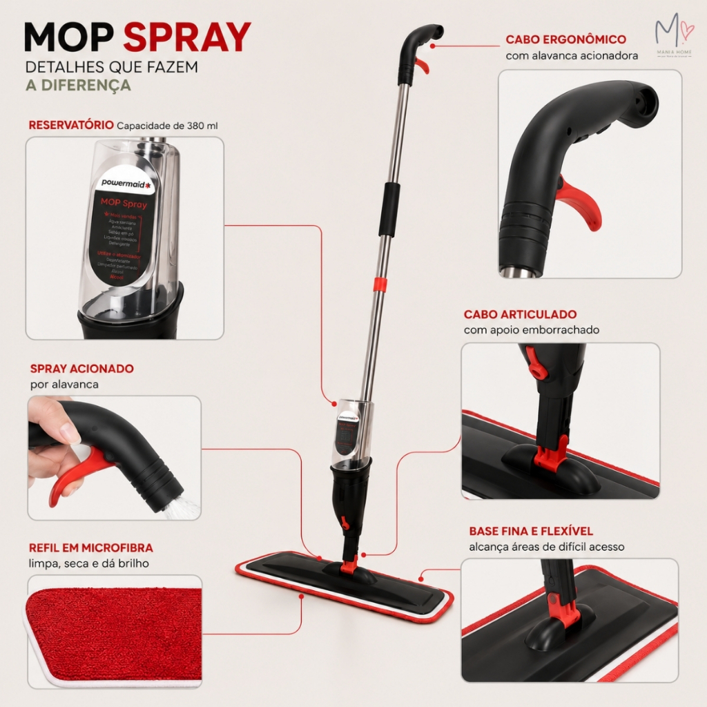 Rodo Mop Spray Limpeza Cabo Ergonômico Articulado Piso Rodo Esfregão Multiuso Casa Powermaid — imagem 2 de 2