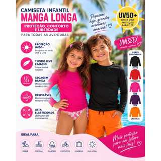 Camiseta Infantil Manga Longa Proteção UV50+ Menino Menina Praia Piscina Secagem Rápida Juvenil