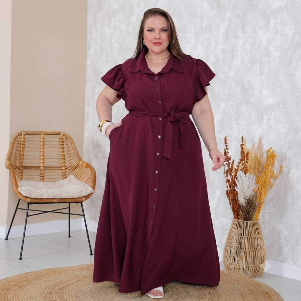 ✨🥰Vestido Feminino Longo Chemise BABADO Faixa Cintura G2 Plus Longa Gestante Botões Alfaiataria✨🥰 — imagem 2 de 2