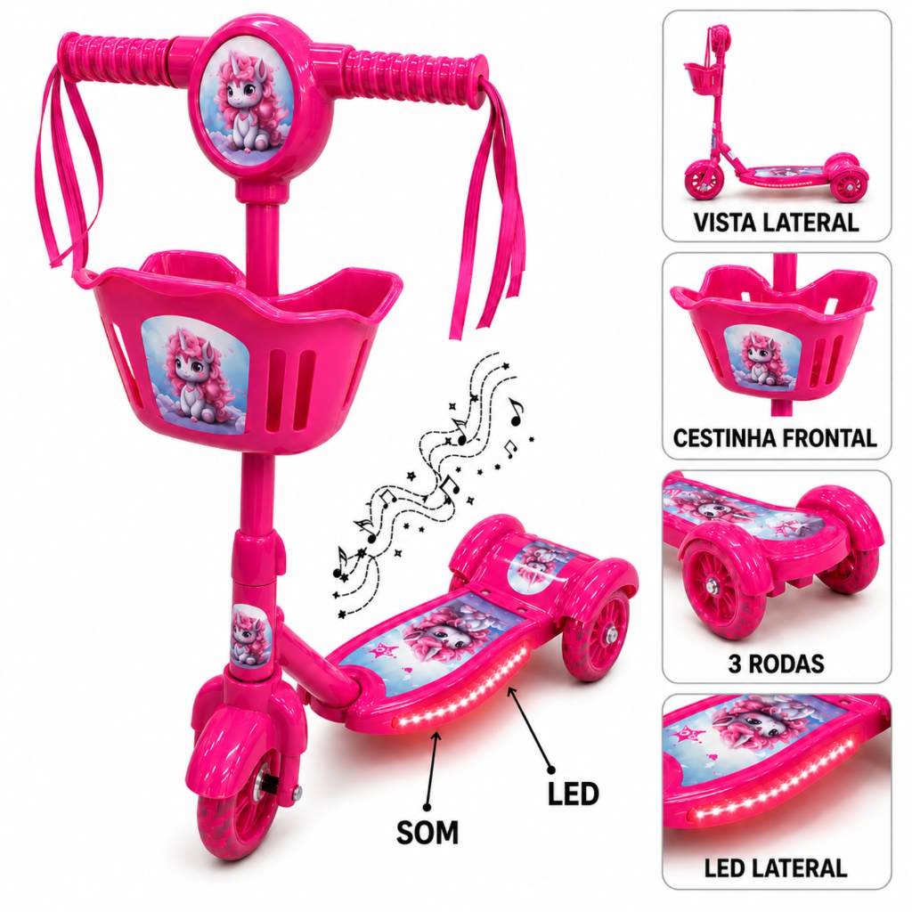 Patinete Infantil Unicórnio Rosa 3 Rodas e Freio Com Luz LED Som Musical Cestinha Brinquedo Menina Criança