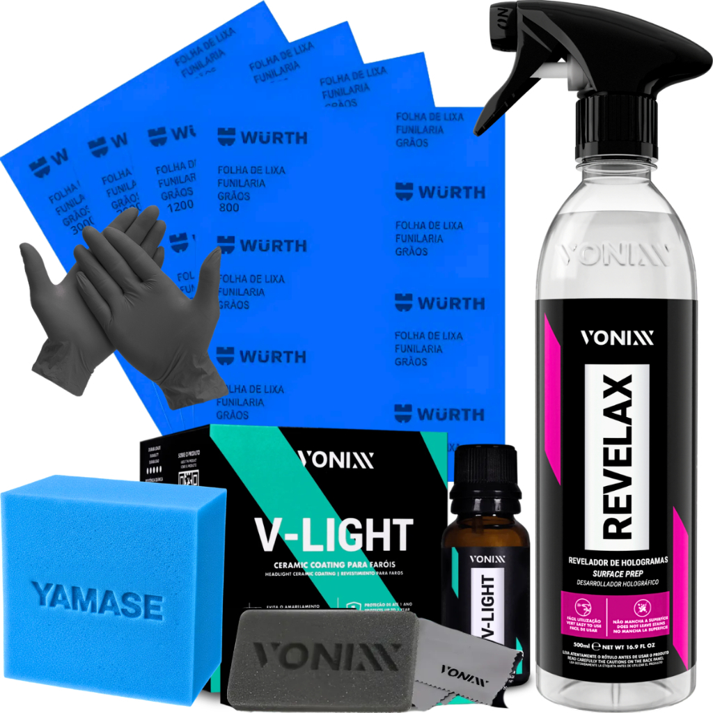 Kit Polimento Farol Revelax Lixa Vitrificador V-Light Vonixx