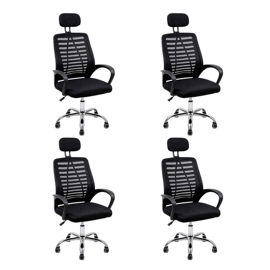 Kit 4 Cadeiras de Escritório Diretor Ergonômica Tela Mesh Respirável Apoio de Cabeça Ajuste Pneumático de Altura