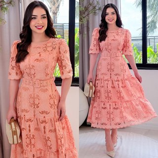 Vestido Midi em tecido Rechilieu Bordada com Cinto Feminino Delicado Elegante Moda Modesta Evangélica