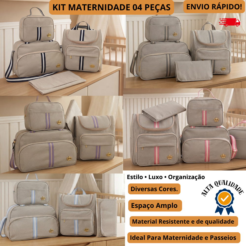 Kit Harmonia Bolsa Maternidade e Passeio Completo 4 Peças - Mochila, Bolsa, Necessaire e Trocador Portatíl