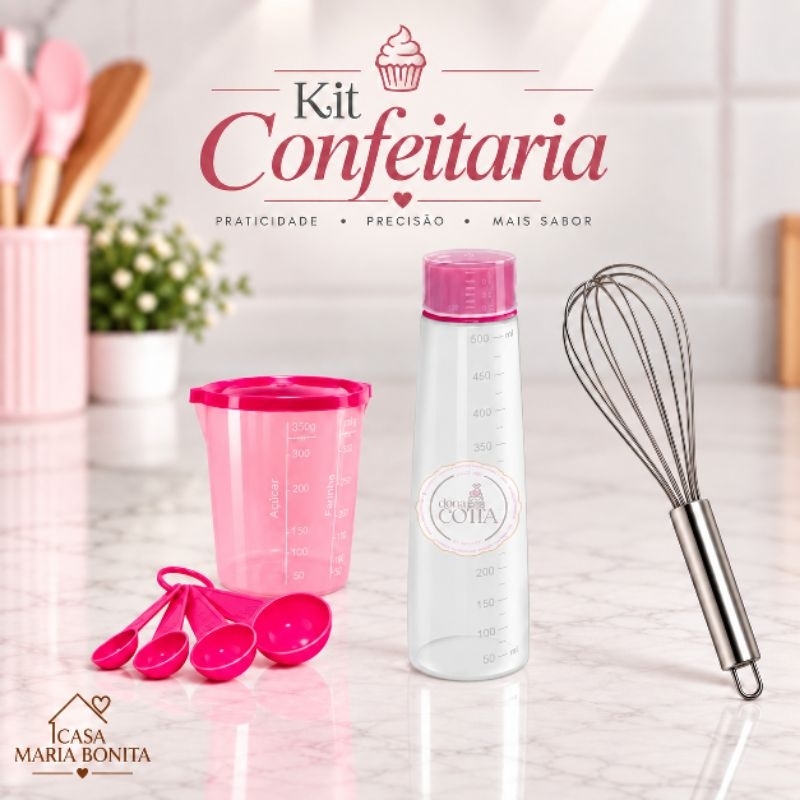Kit Confeitaria Copo Medidor Com Colheres Medidora + Bisnaga Regadora de Bolo + Fuê Batedor de Massas Ovos -MMB