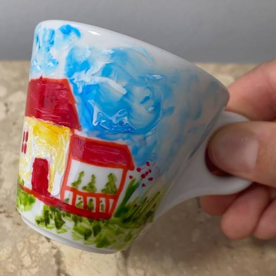 Xicara Café Casinha na Roça Pintada a Mao 65ml Porcelana Única
