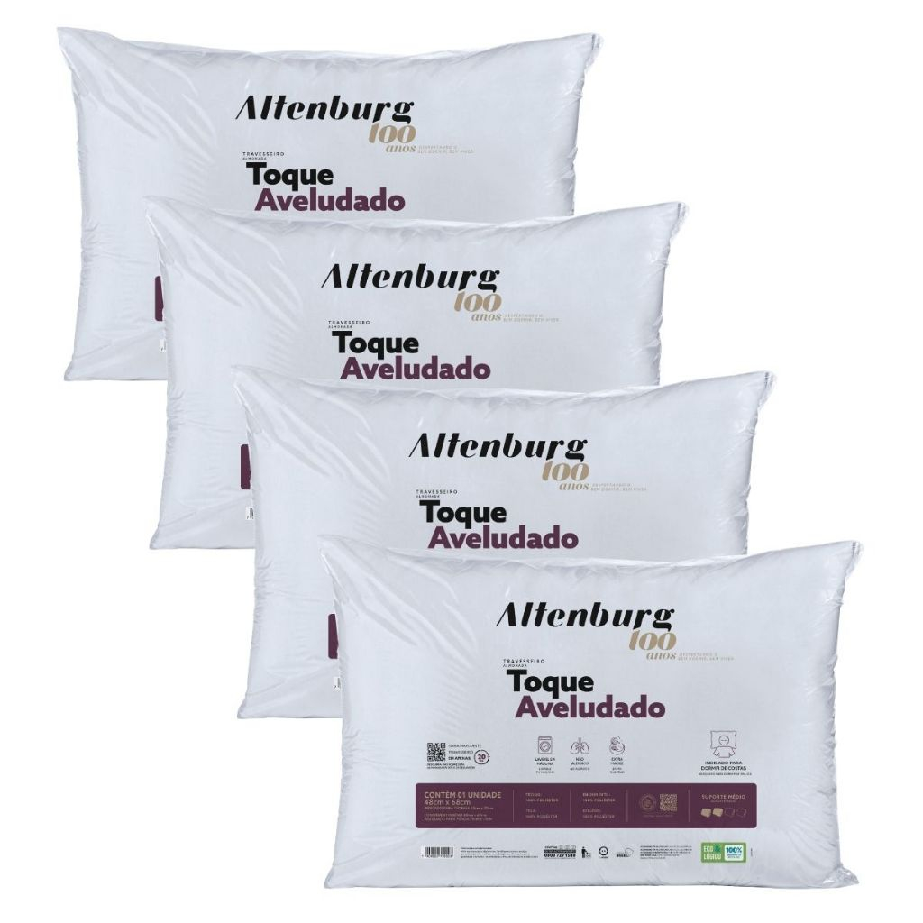 Kit 4 Travesseiros Altenburg Toque Aveludado Original 48x68cm Extra Macio Branco Conforto Premium