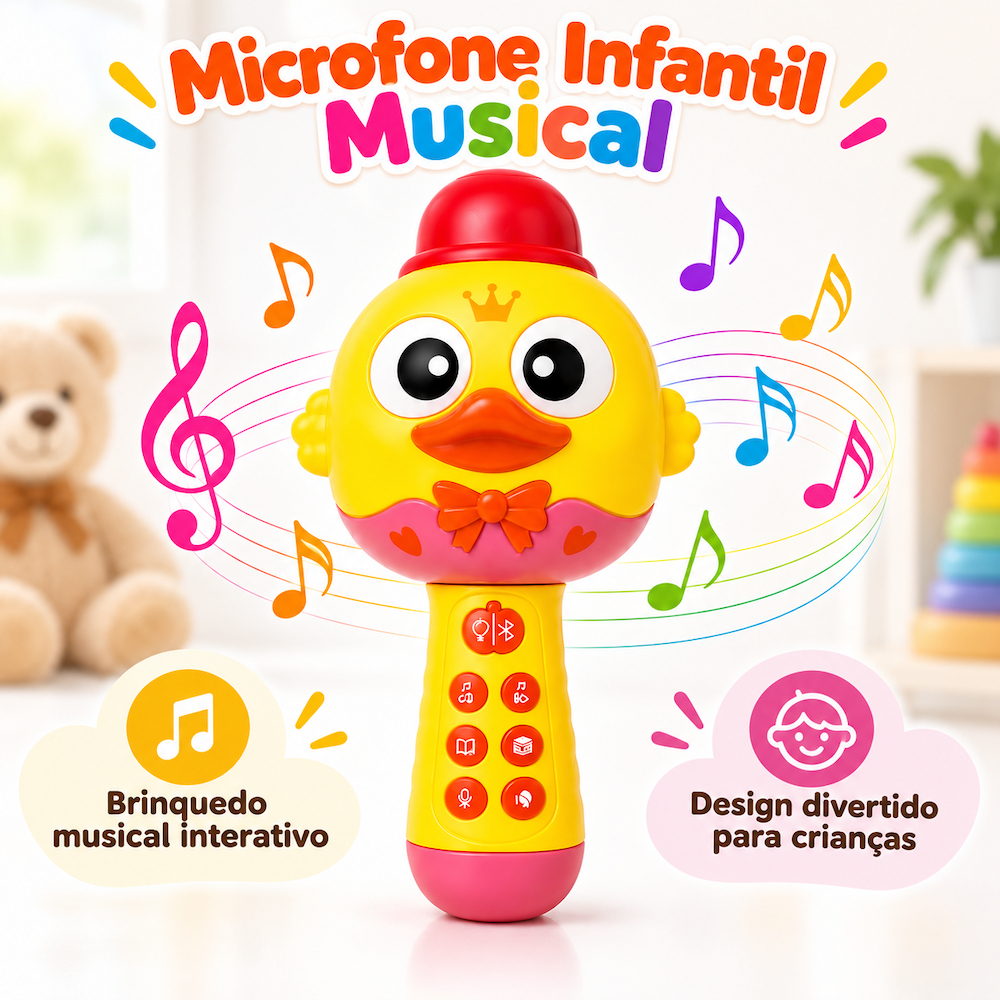 Microfone Infantil Bluetooth Recarregável com Luz, Gravação, Músicas e Histórias Diversão Crianças Karaokê