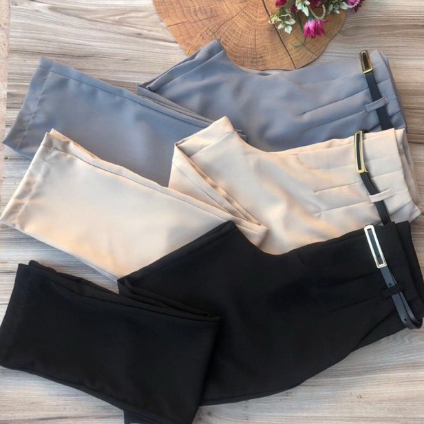 Calça alfaiataria feminino com cinto zíper lateral estilo social casual