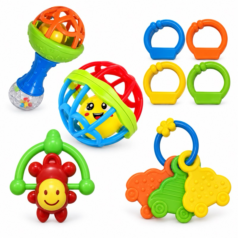 Kit Brinquedo Bebe Chocalho Mordedor Silicone Macio Bola Colorida 8 Peça Presente Para Menina e Menino Móbile para Berço