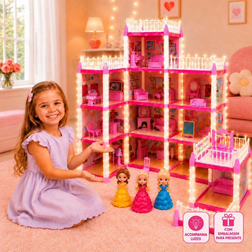 Casinha de Boneca Castelo da Princesa com Luz LED 56 a 240 Peças Brinquedo Menina Presente Dia das Crianças