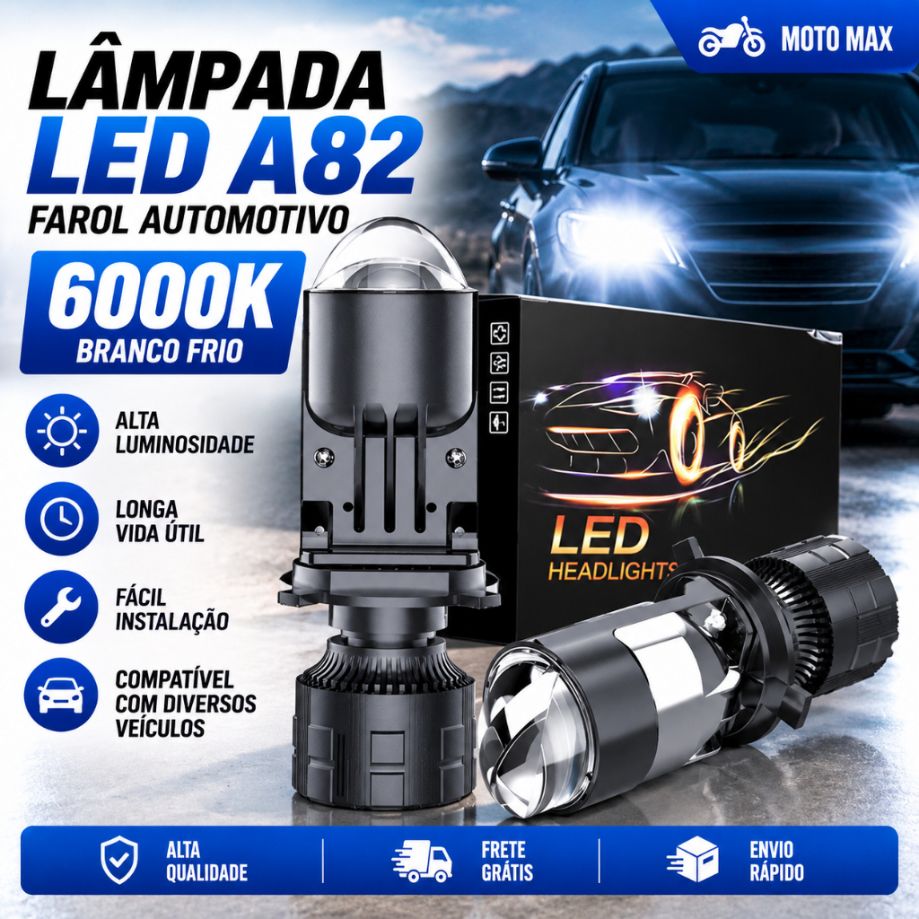 A82 H4 Auto Lâmpada Mini Lente LED Farol Automática High Beam Low 6000K Para Carro Motocicleta Projetor Duplo Len