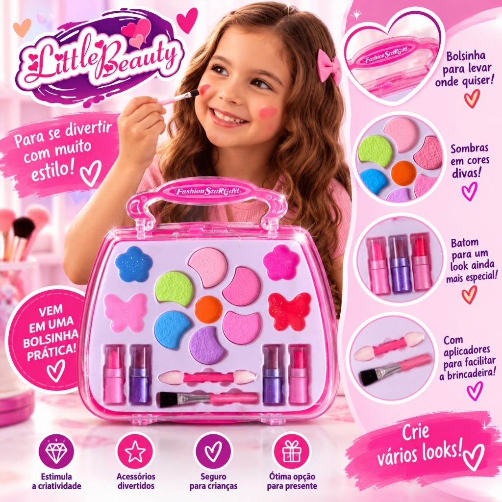 Kit de Maquiagem Infantil Little Beauty – Maleta Fashion com Sombras, Brilhos e Batons | Seguro, Colorido