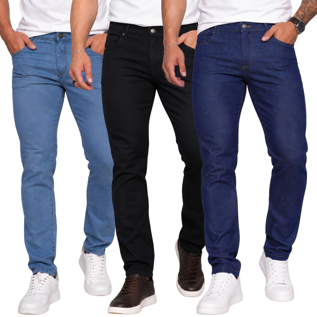 Kit 3 Calças Jeans Masculina Tradicional Corte Reto Com Lycra Premium Trabalho ou Passeio