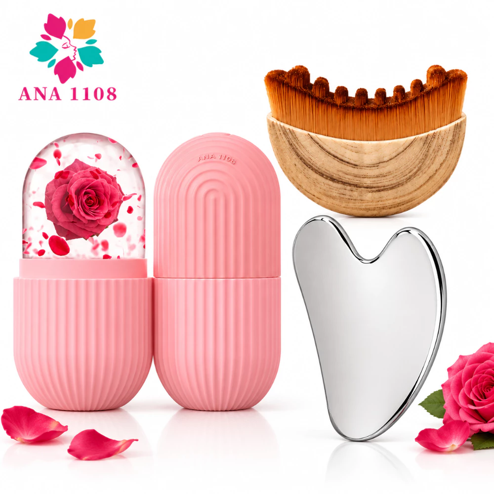ANA1108 Kit Spa 3 Em 1 Gua Sha Inox + Forma de Gelo Facial + Escova Massageadora de Facial